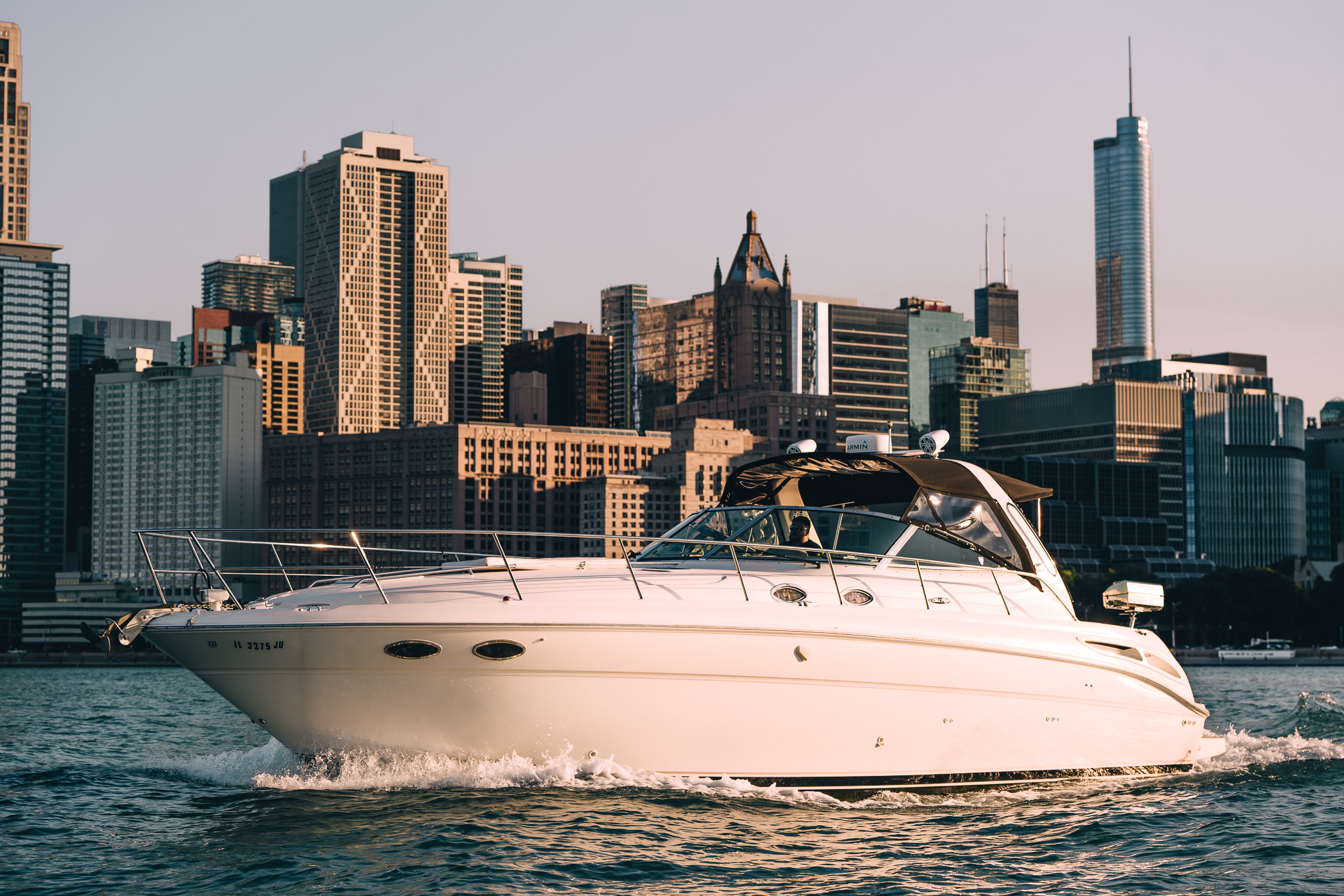 Soulshine docked at Chicago marina with skyline view