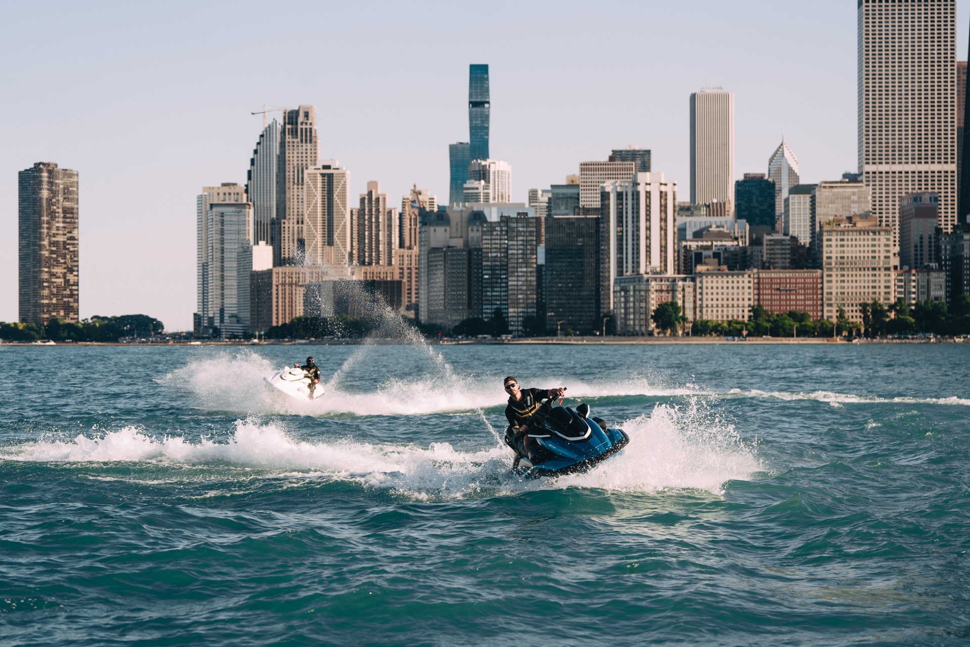 Rider tearing across Lake Michigan with downtown Chicago in view