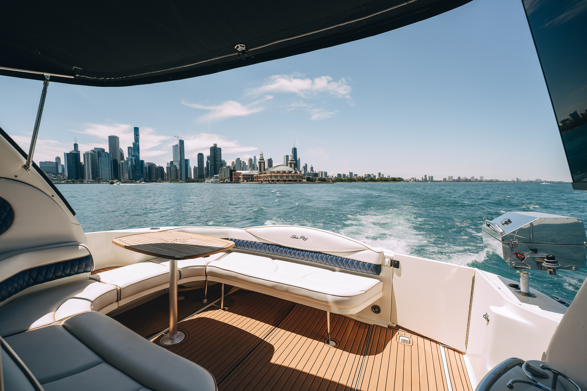Cockpit lounge with Chicago skyline rising behind Soulshine