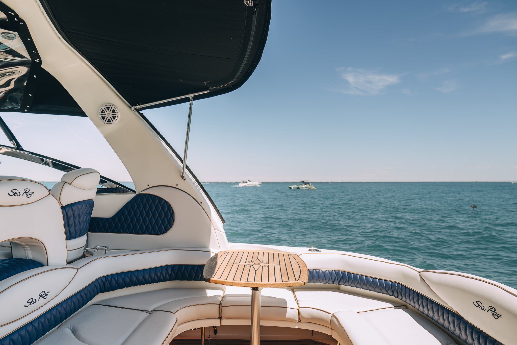 Stern deck with Soulshine name plate and lounge seating